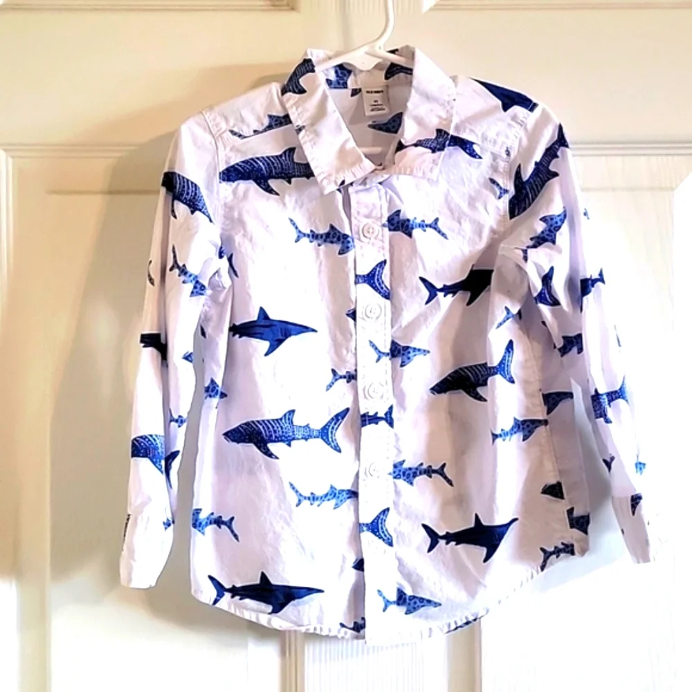 Boys Old Navy button down tops, white with blue sharks and camouflage green